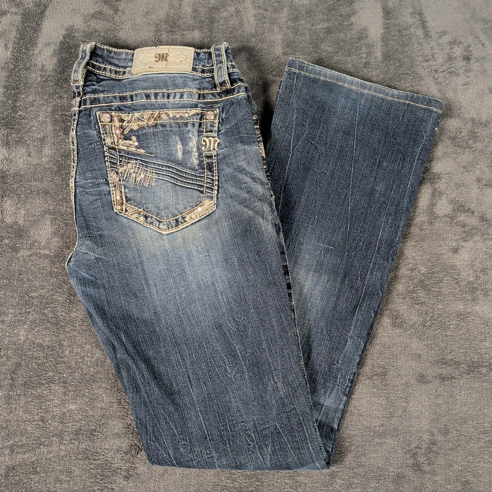Miss Me Signature Boot Bootcut Jeans Womens 32 Blue Distressed Embellished Zip